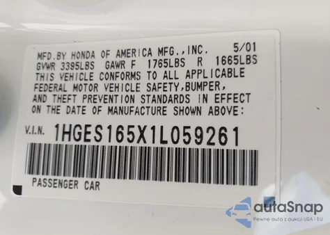 2001 Honda Civic Lx из США, поврежденный, VIN 1HGES165X1L059261